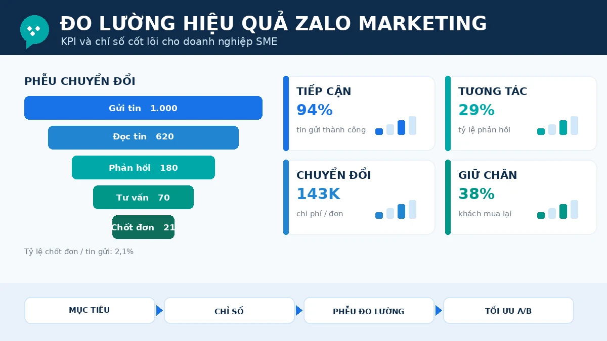 Bảng chỉ số đo lường hiệu quả Zalo Marketing với phễu chuyển đổi và KPI