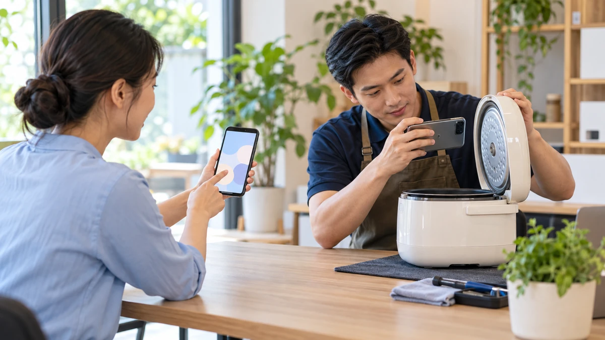 Nhân viên hỗ trợ kiểm tra thiết bị và khách gửi ảnh qua điện thoại