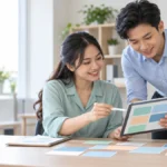 Hai nhân viên SME phối hợp chuẩn hóa yêu cầu hỗ trợ khách hàng qua Zalo