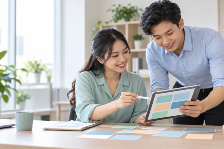 Hai nhân viên SME phối hợp chuẩn hóa yêu cầu hỗ trợ khách hàng qua Zalo