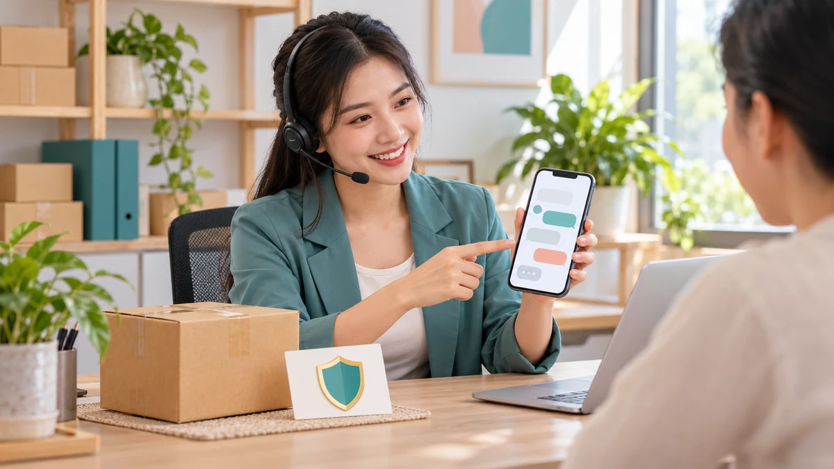 Nhân viên chăm sóc khách hàng xác nhận yêu cầu bảo hành với khách qua Zalo trong văn phòng SME