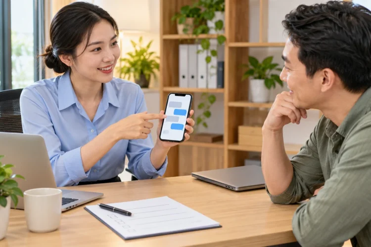 Nhân viên hỗ trợ trao đổi với khách hàng qua điện thoại trong văn phòng
